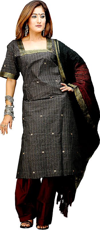 Black and Maroon Suit with Checks and Zari Border