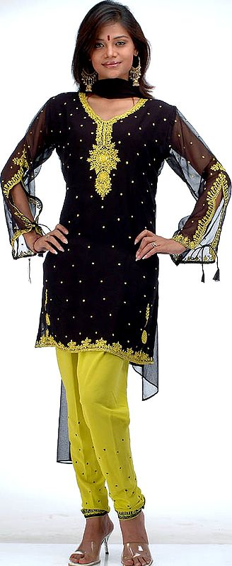 Black and Mustard Choodidaar Suit with Sequins