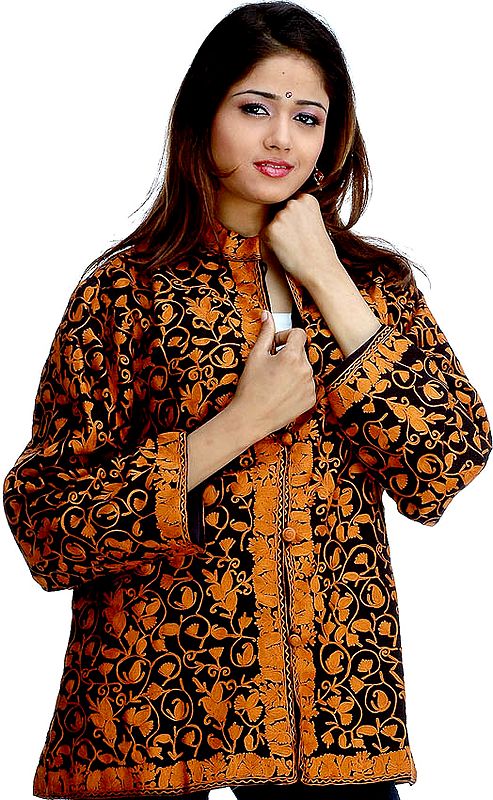 Black and Mustard Kashmiri Jacket with Paisley Embroidery