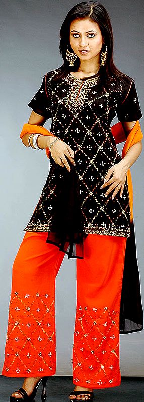 Black and Orange Parallel Suit with Sequins and Floral Embroidery and Beads