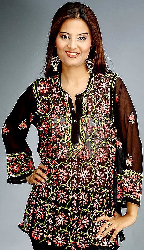 Black and Orange Top with Lukhnavi Chikan Embroidery