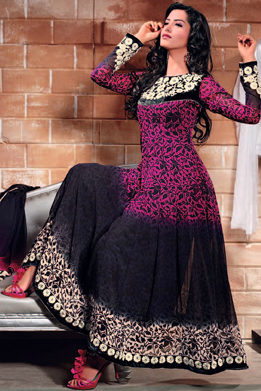 Black and Purple Printed Flared Kameez Suit with Embroidered Flowers