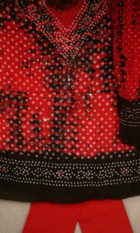 Black and Red Bandhini Suit with Mirrors and Beads