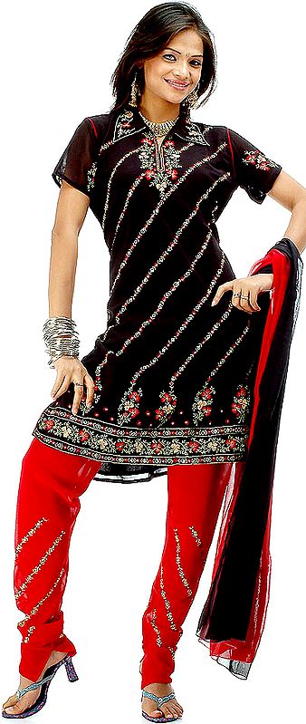 Black and Red Choodidaar Collar Suit with Sequins and Floral Embroidery