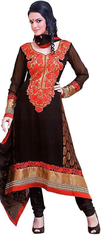 Black and Red Choodidaar Kameez Suit with Floral Embroidery