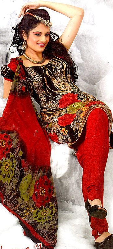 Black and Red Choodidaar Kameez Suit with Large Printed Roses