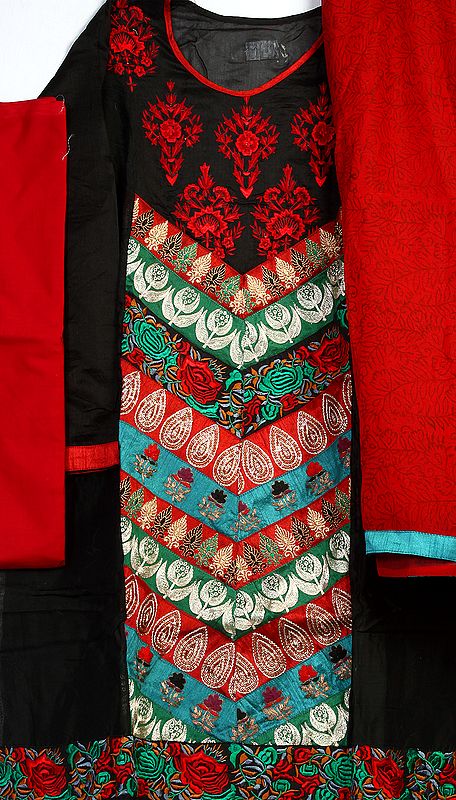 Black and Red Designer Salwar Kameez Fabric with Crewel Embroidered Flowers