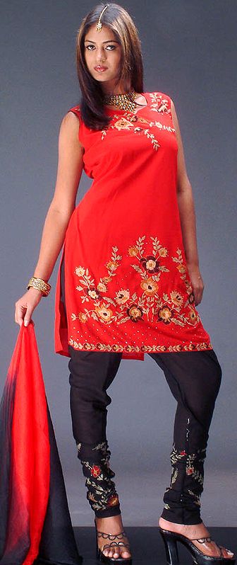 Black and Red Hand-Embroidered Choodidaar Suit