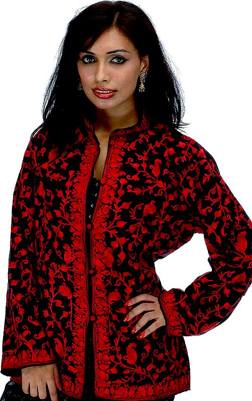 Black and Red Jacket with All-Over Embroidery