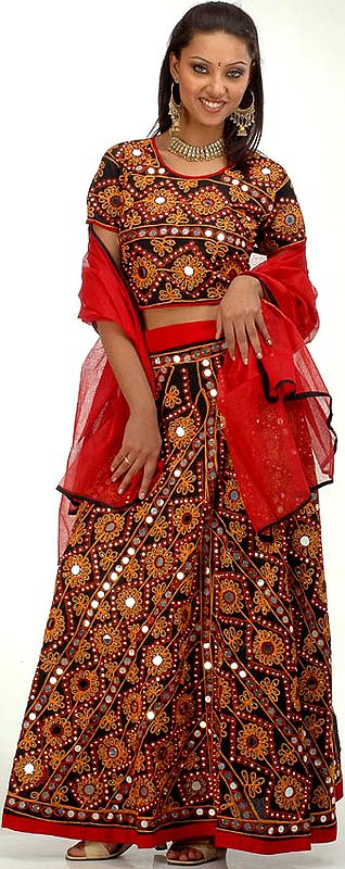Black and Red Lehenga Choli from Gujarat with Mirrors and Sequins