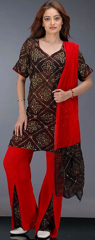 Black and Red Parallel Salwar Suit with Sequins and Bandhini Print