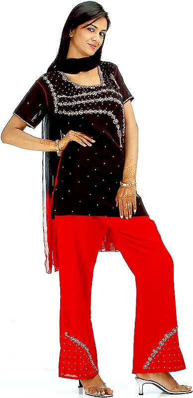 Black and Red Parallel Suit with Beads and Sequins