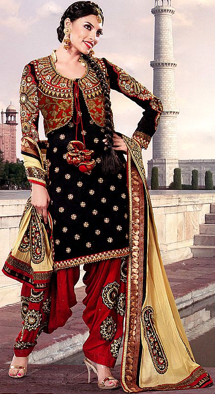 Black and Red Patiala Salwar Suit with Embroidered Beads and Bolero Jacket