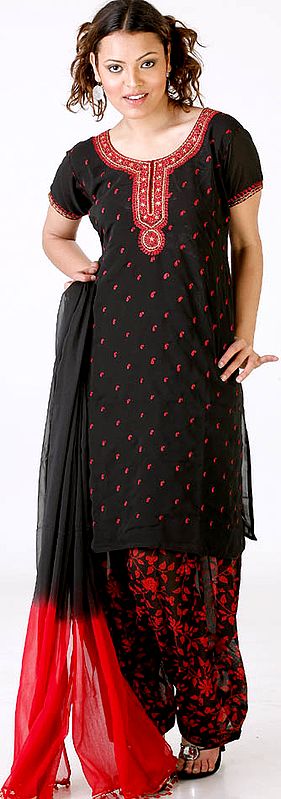 Black and Red Salwar Kameez with Embroidered Paisleys