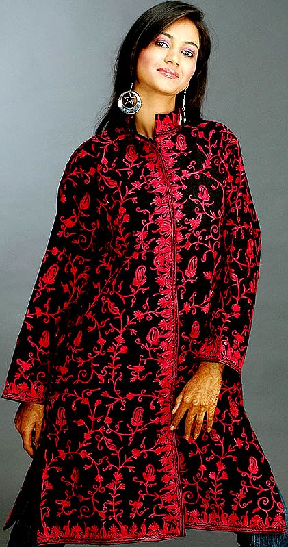 Black and Ruby-Red Long Kashmiri Jacket with All-Over Embroidery