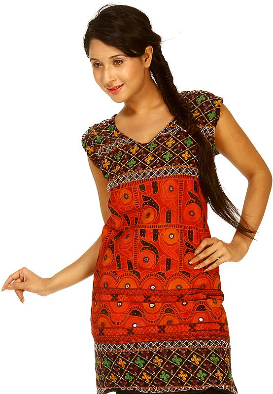 Black and Rust Kurti from Ahmedabad with Applique Work and Mirrors