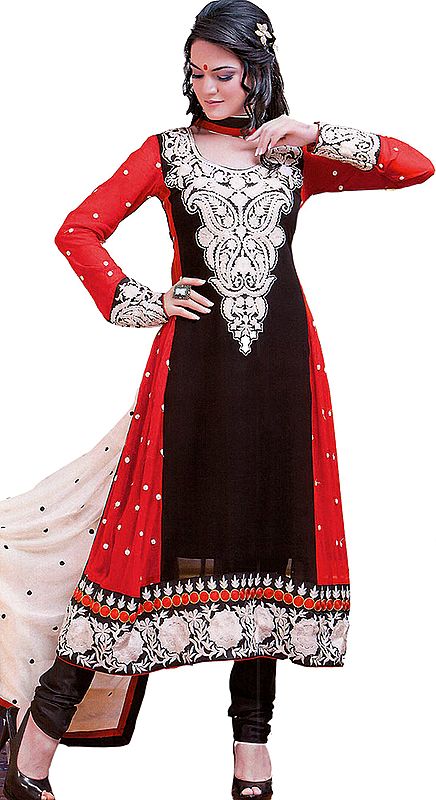 Black and Tango-Red Choodidaar Kameez Suit with Embroidery on Neck and Floral Patch Border