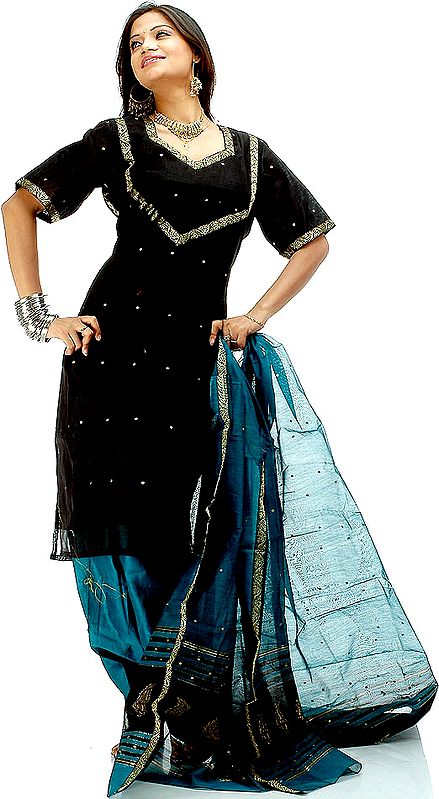 Black and Teal Chanderi Suit with Golden Bootis