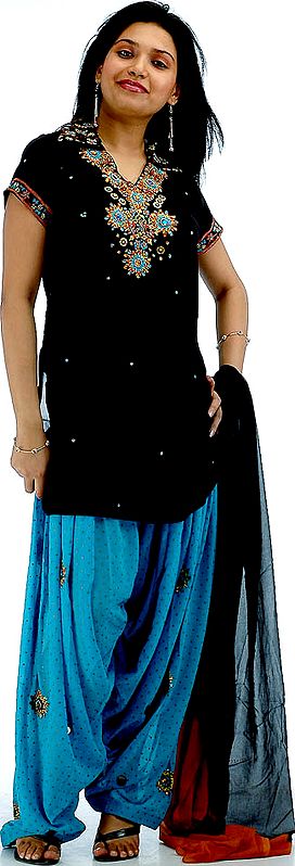 Black and Turquoise Patiala Salwar Kameez with Floral Embroidery