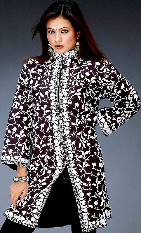 Black and White Long Aari Jacket Embroidered in Kashmir