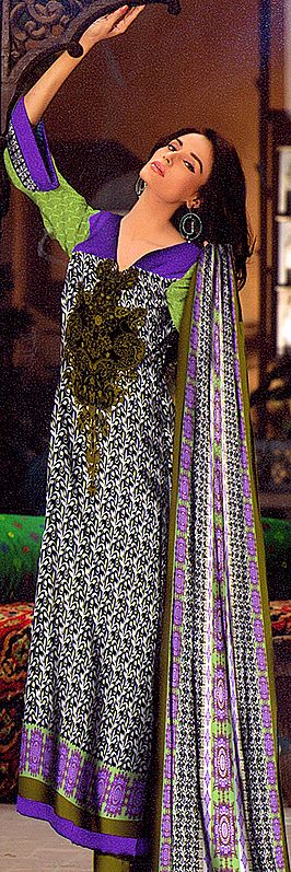 Black and White Long Salwar Kameez Suit from Pakistan with Embroidery on Neck and Printed Leaves