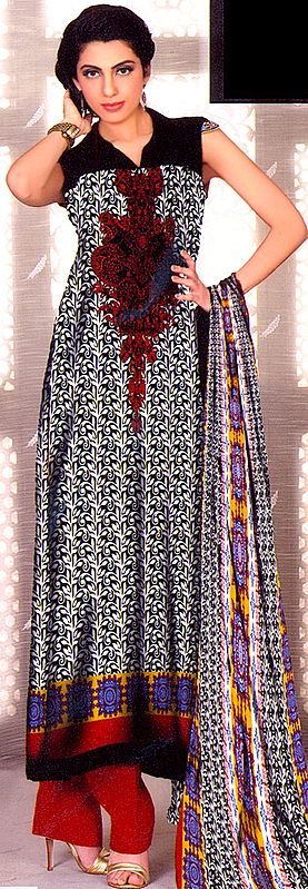Black and White Long Slawar suitr from Pakistan with Embroidery on Neck and Printed Leaves
