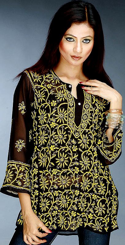 Black and Yellow Top with Lukhnavi Chikan Embroidery