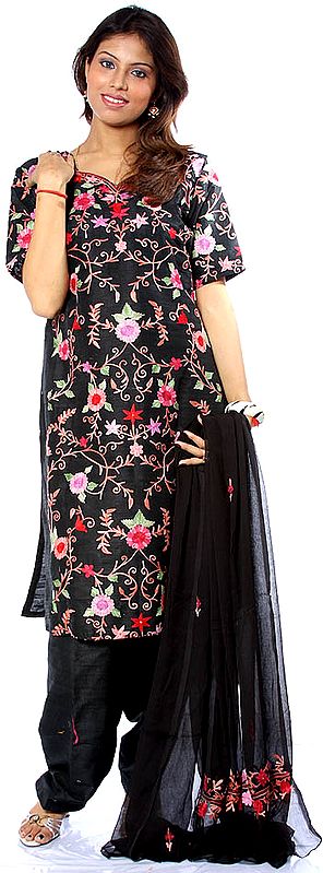 Black Aari Embroidered Suit from Kashmir with Chiffon Dupatta