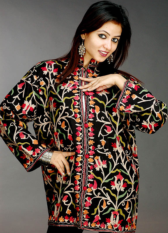 Black Aari Jacket from Kashmir with Multi-Color Embroidery