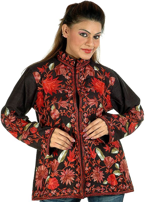Black Aari Kashmiri Jacket with Embroidered Flowers