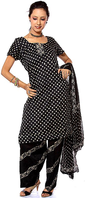 Black Batik Dyed Suit with All-Over Polka Dots