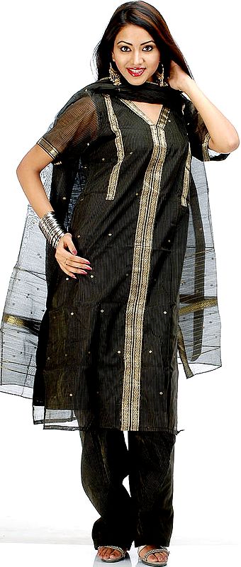 Black Chanderi Suit with Golden Thread Weave