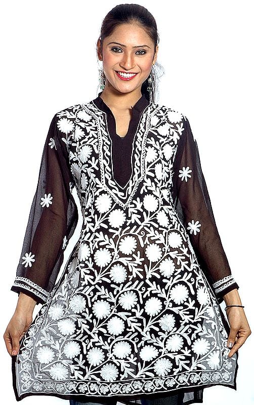 Black Chikan Embroidered Top with Stole