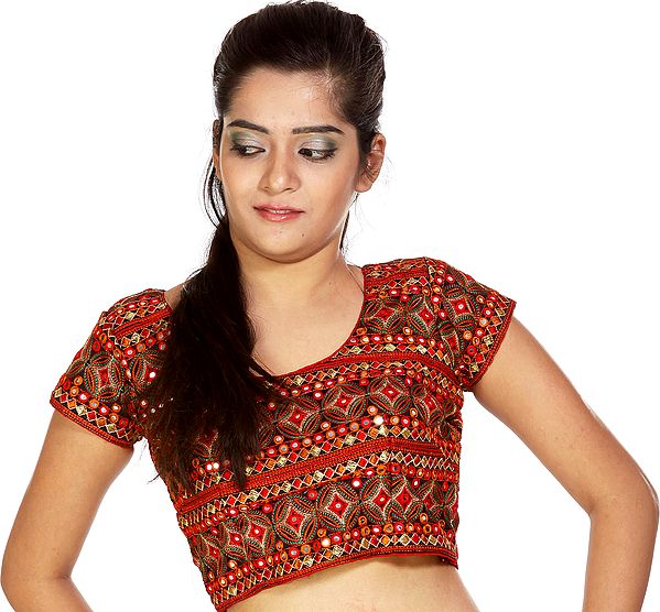 Black Choli from Gujarat with Multi-Color Embroidery and Mirrors