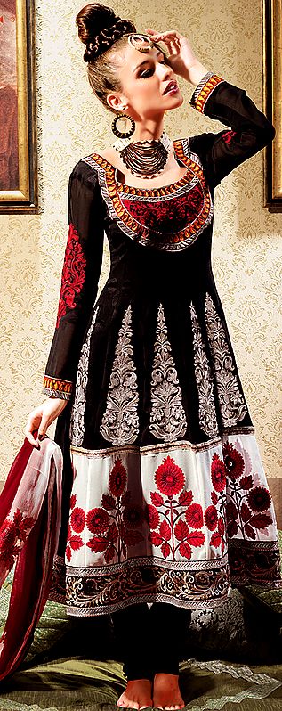 Black Choodidaar Anarkali Suit with Metallic Thread Embroidery on Neck and Patch Border
