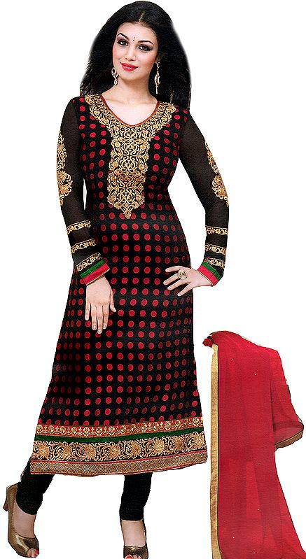 Black Choodidaar Ayesha Suit with Woven Polka Dots Suit with Embroidery