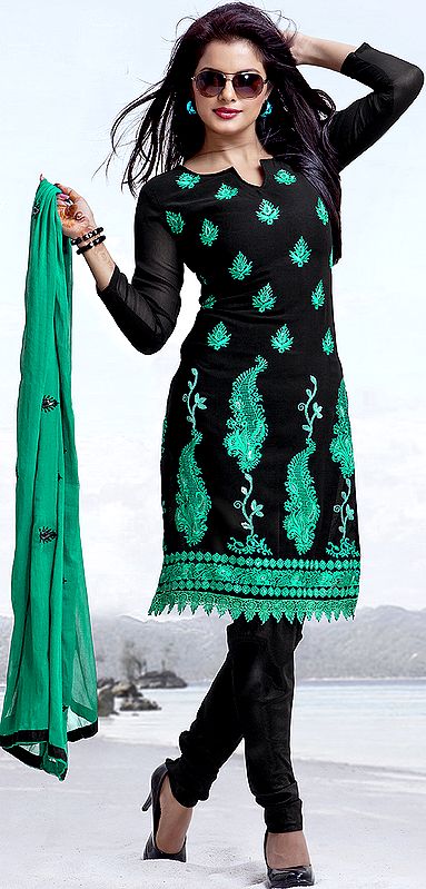 Black Choodidaar Kameez Suit with Crewel Embroidery All-Over in Green Thread