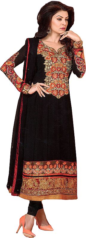Black Choodidaar Kameez Suit with Embroidery on Neck and Patch Border