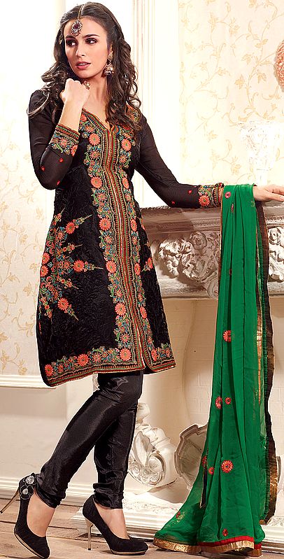 Black Choodidaar Kameez Suit with Metallic Thread Embroidered Flowers All-Over