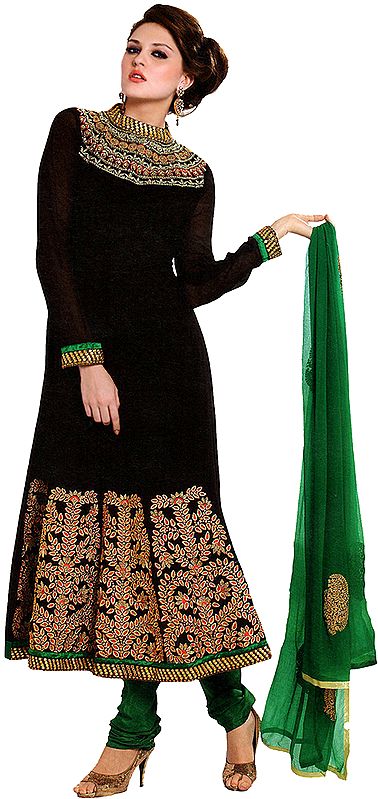 Black Choodidaar Kameez Suit with Metallic Thread Embroidery and Sequins
