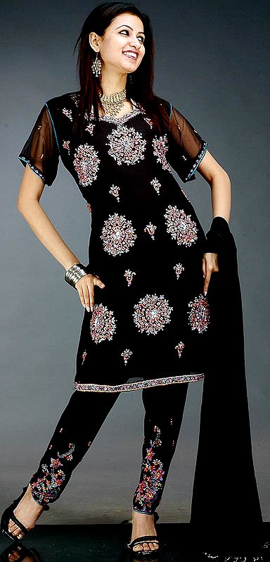 Black Choodidaar Suit with Crystals and Sequins