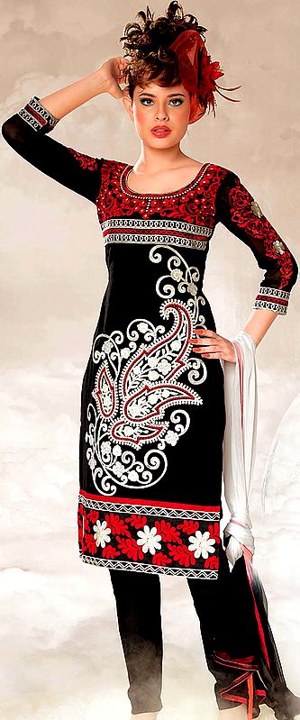 Black Choodidaar Suit with Embroidery in White and Red Threads