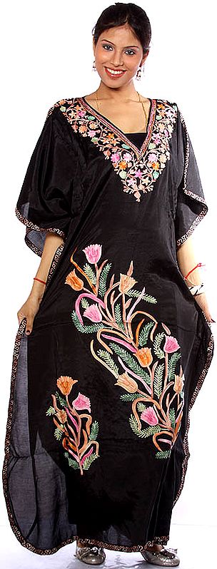 Black Crewel Embroidered Kaftan from Kashmir