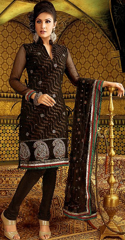 Black Designer Choodidaar Suit with Embroidered Crystals and Patch Border