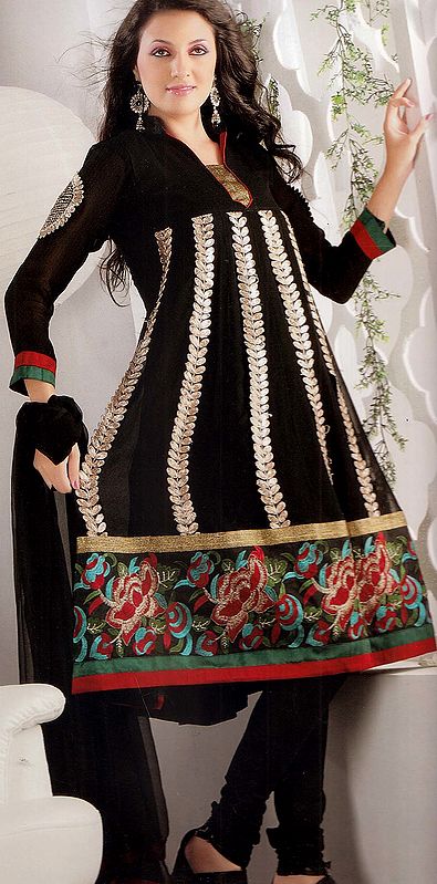 Black Designer Choodidaar Suit with Metallic Thread Embroidery and Floral Patch Border