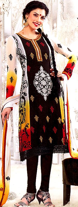Black Designer Choodidaar Suit wth Embroidered Bootis All-Over and Crochet Border
