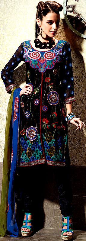 Black Designer Kameez and Choodidaar Suit with Multi-Color Thread Embroidery