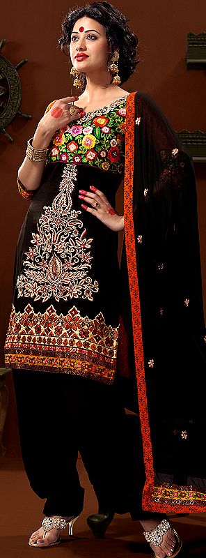 Black Designer Salwar Suit with Crewel Embroidered Flowers, Sequins and Patch Work