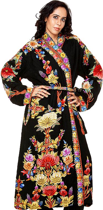 Black Evening Robe with Hand-Embroidered Flowers in Multi-Color Thread