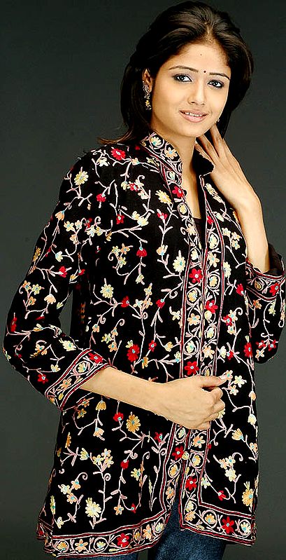 Black Floral Aari Jacket with from Kashmir